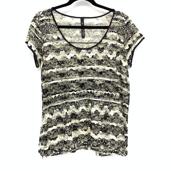 Jessica Simpson Scoop Neck Lace T-Shirt Womens Size Large Black Cream Cap Sleeve - Picture 1 of 6
